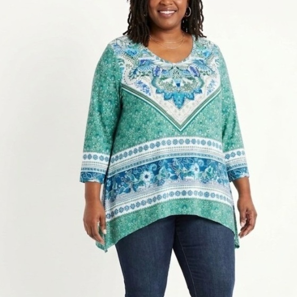 Blue Mood size XL Blue Green Boho Stretch 3/4 Sleeve Sharkbite Hem Artsy Top‎
